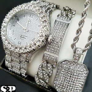 Mens Iced Out Bling-ed Watch, IDE Bracelet, Dog Ta